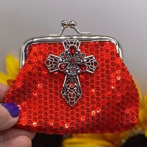 Ruby Red Sequin Change Purse w/ Silver Cross & 18mm Red Ginger Snap! VIDEO!